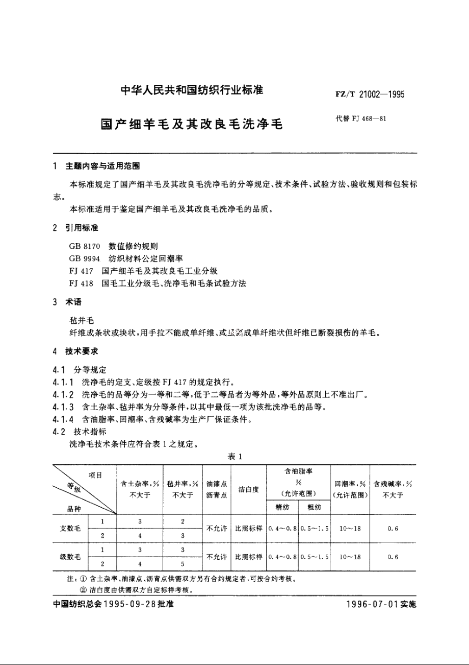 国产细羊毛及其改良毛洗净毛 FZT 21002-1995.pdf_第3页