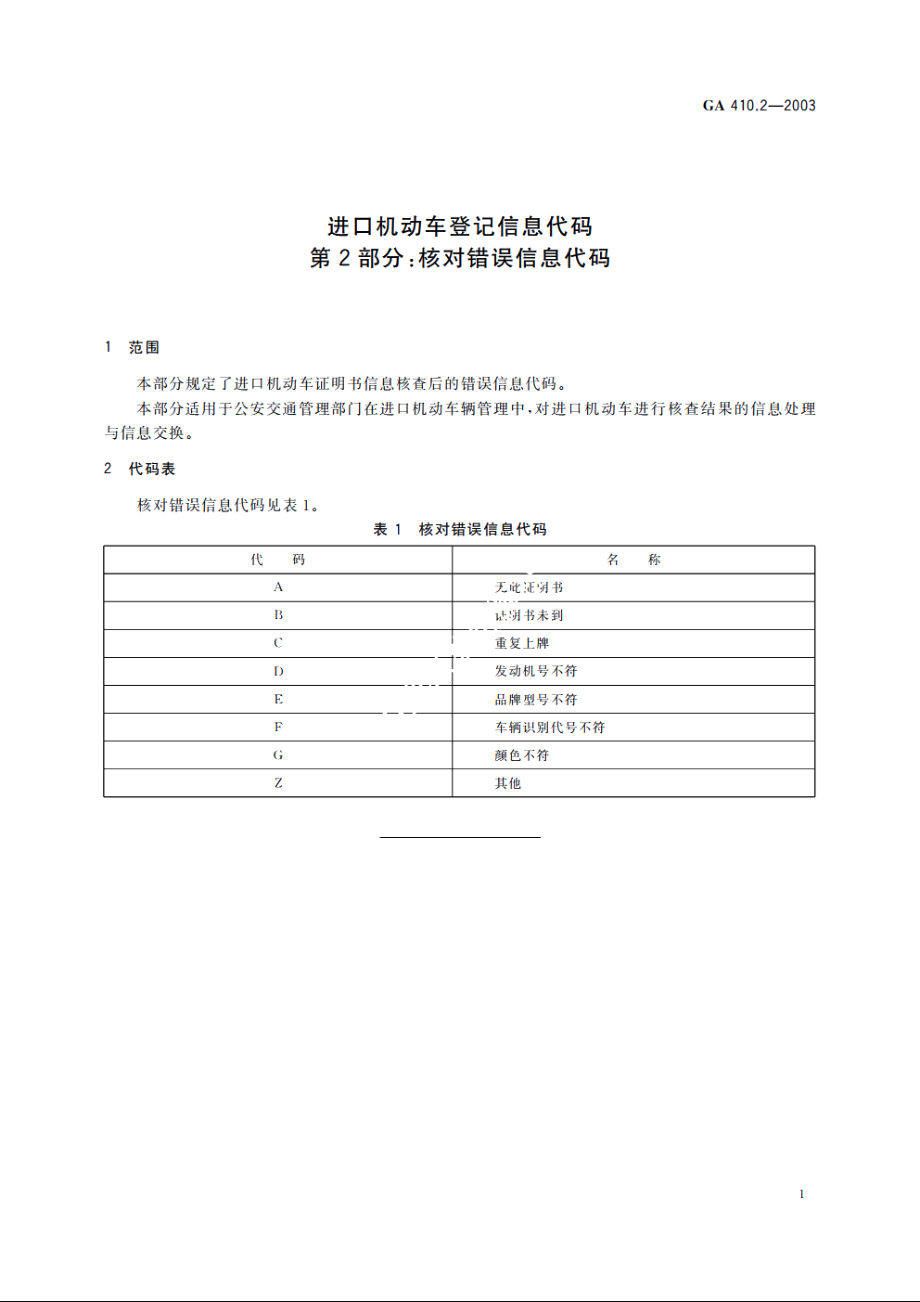 进口机动车登记信息代码　第2部分：核对错误信息代码 GA 410.2-2003.pdf_第3页