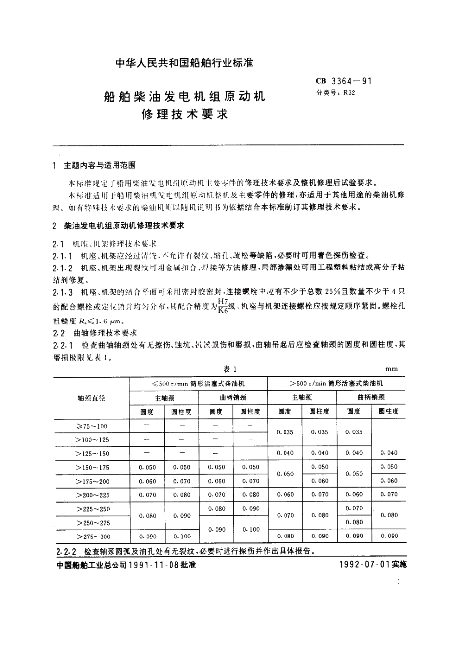 船舶柴油发电机组原动机修理技术条件 CB 3364-1991.pdf_第3页