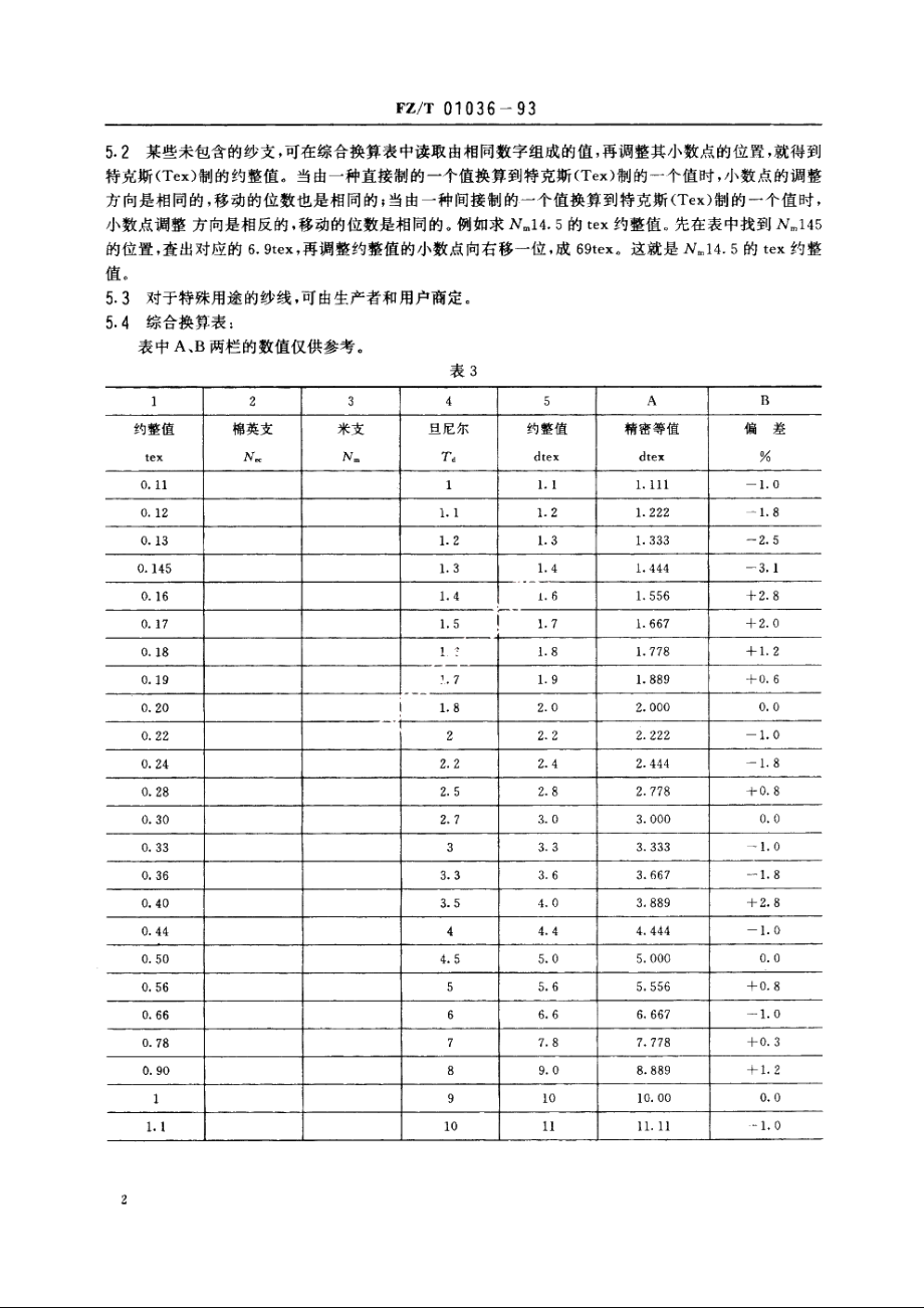 纺织材料以特克斯(Tex)制的约整值代替传统纱支的综合换算表 FZT 01036-1993.pdf_第3页