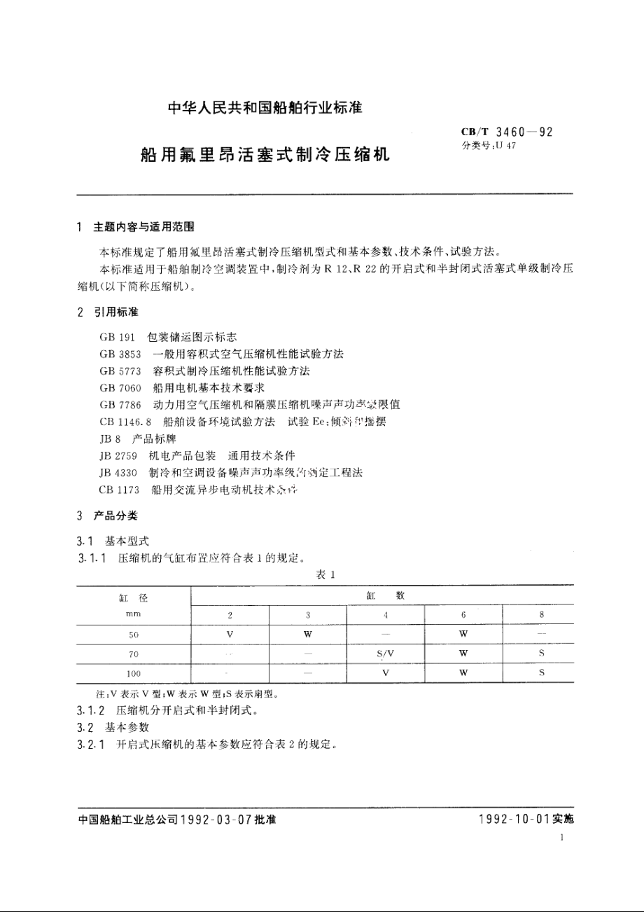 船用氟里昂活塞式制冷压缩机 CBT 3460-1992.pdf_第3页