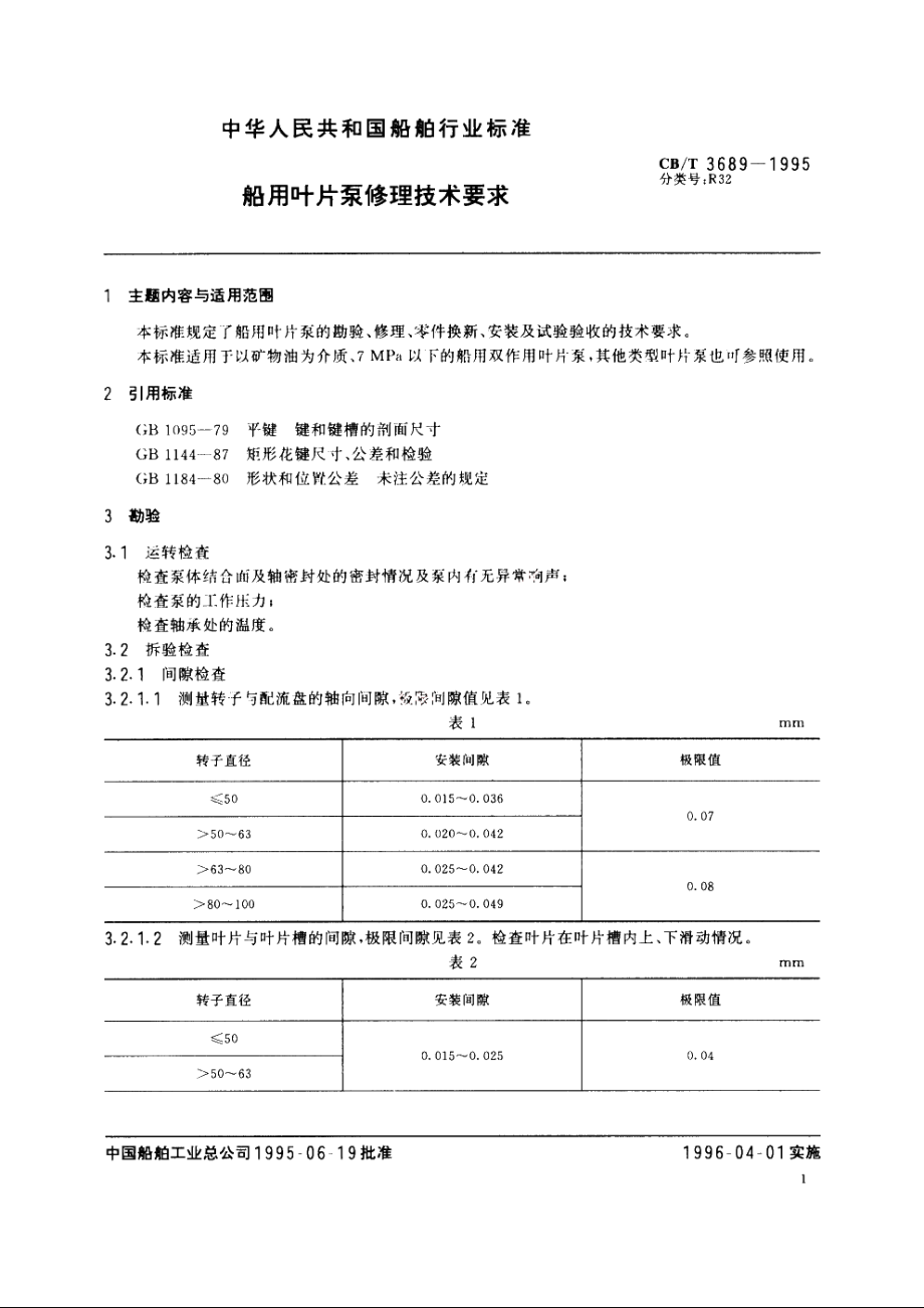 船用叶片泵修理技术要求 CBT 3689-1995.pdf_第2页