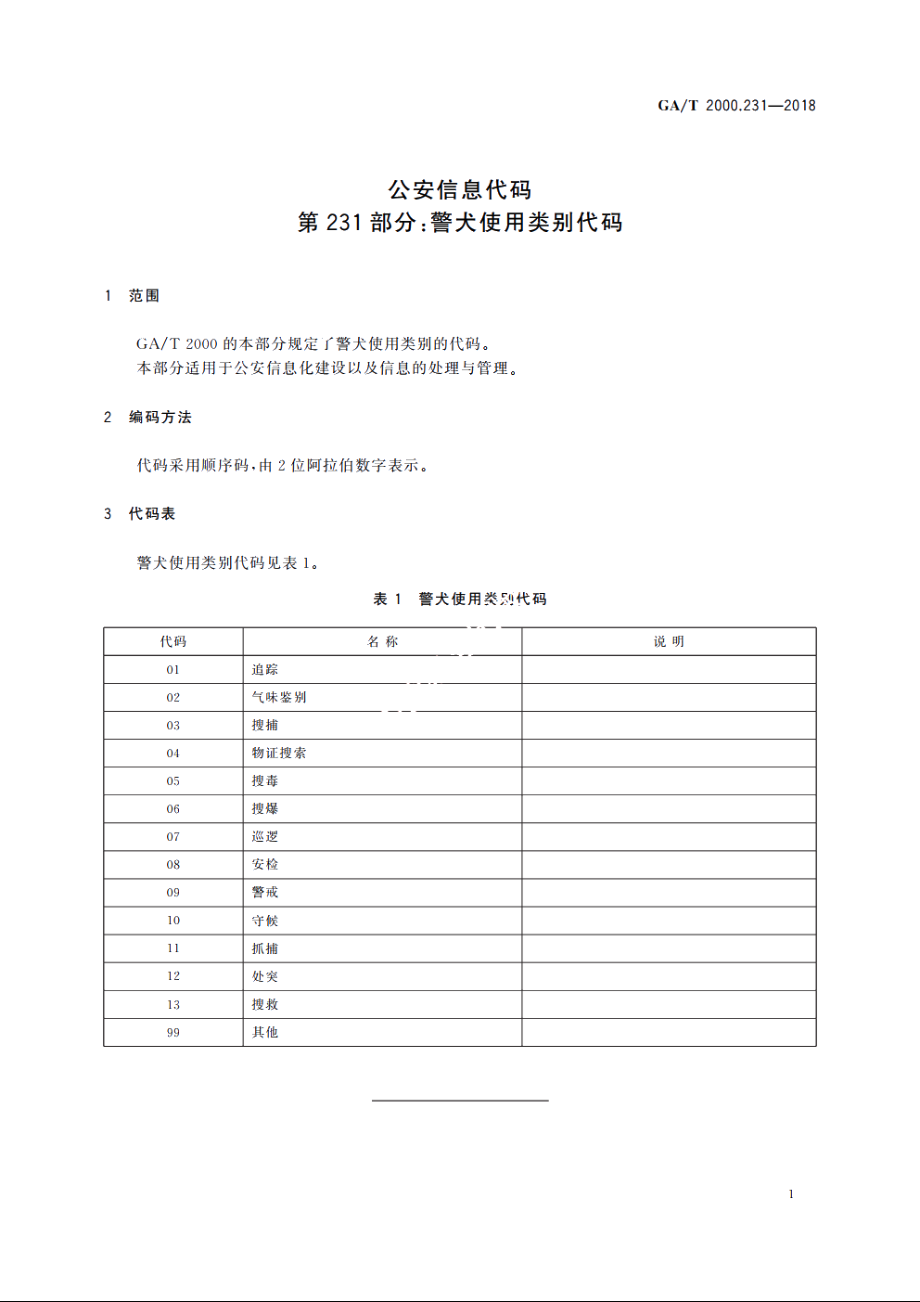 公安信息代码　第231部分：警犬使用类别代码 GAT 2000.231-2018.pdf_第3页