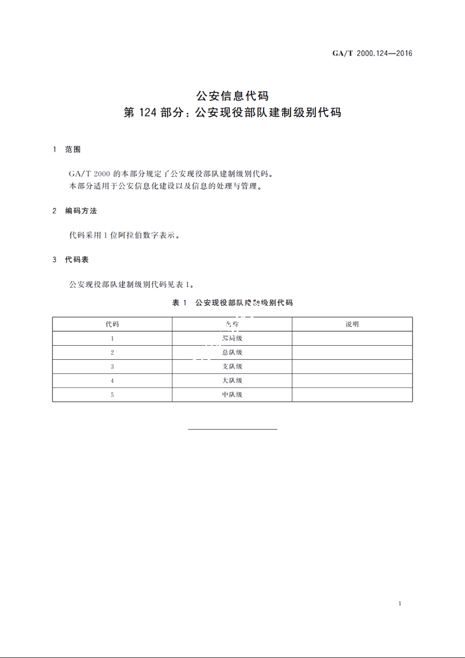 公安信息代码　第124部分：公安现役部队建制级别代码 GAT 2000.124-2016.pdf_第3页