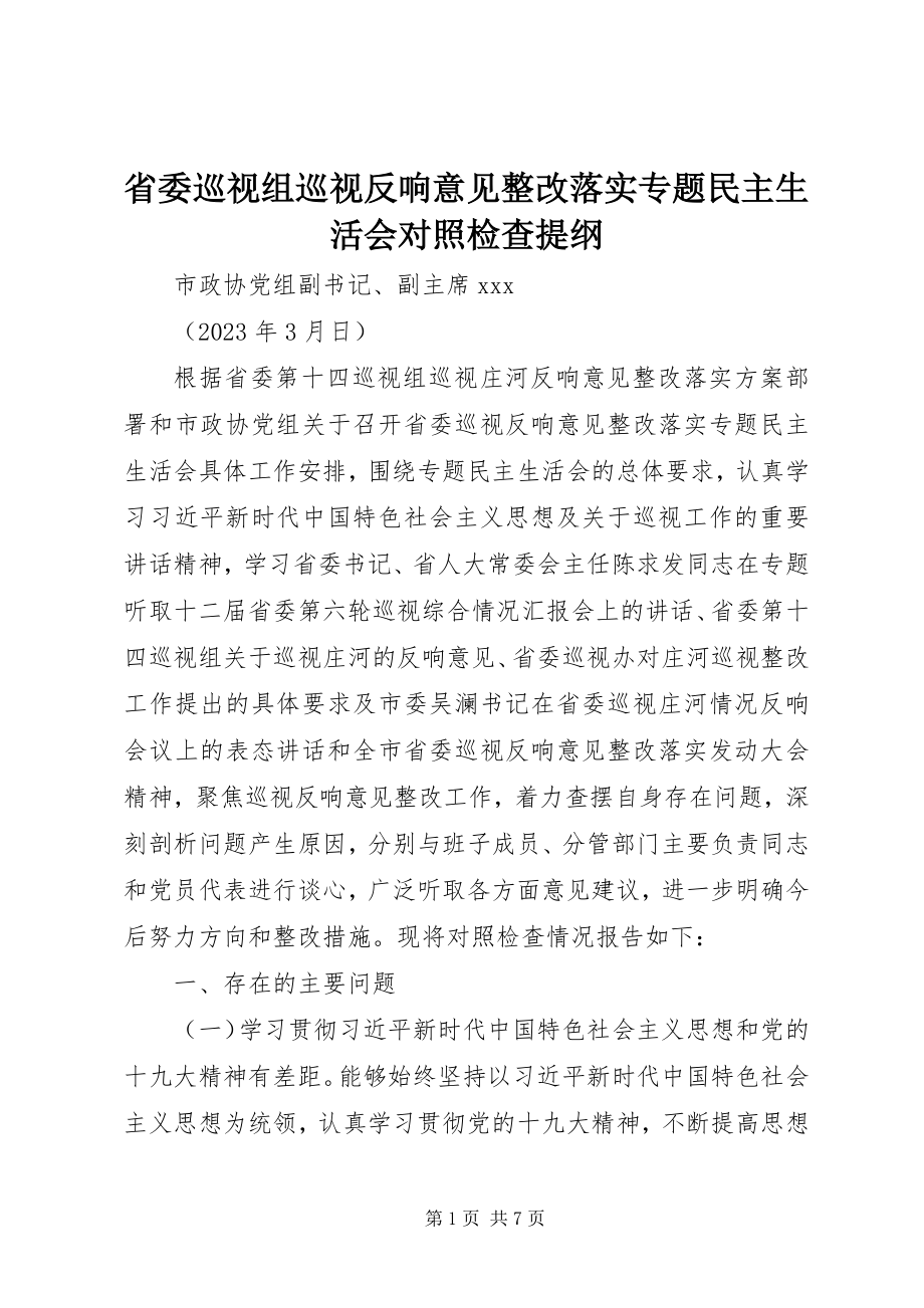 2023年省委巡视组巡视反馈意见整改落实专题民主生活会对照检查提纲.docx_第1页