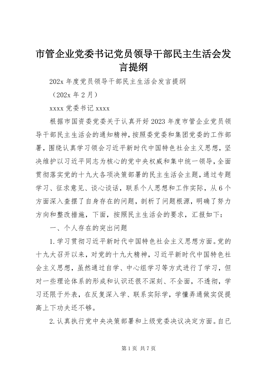 2023年市管企业党委书记党员领导干部民主生活会讲话提纲.docx_第1页