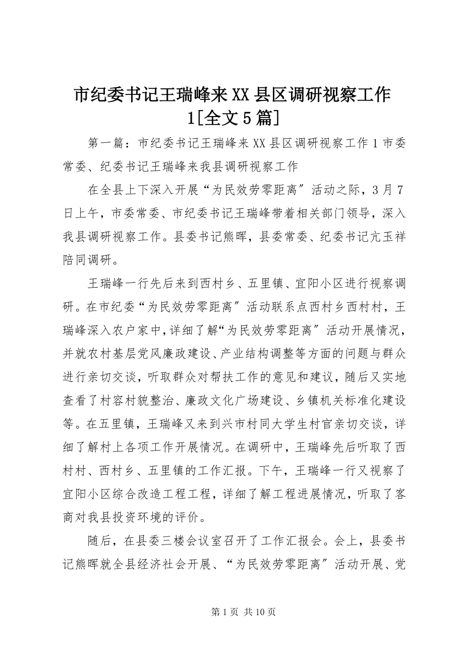 2023年市纪委书记王瑞峰来XX县区调研视察工作1全文5篇.docx_第1页