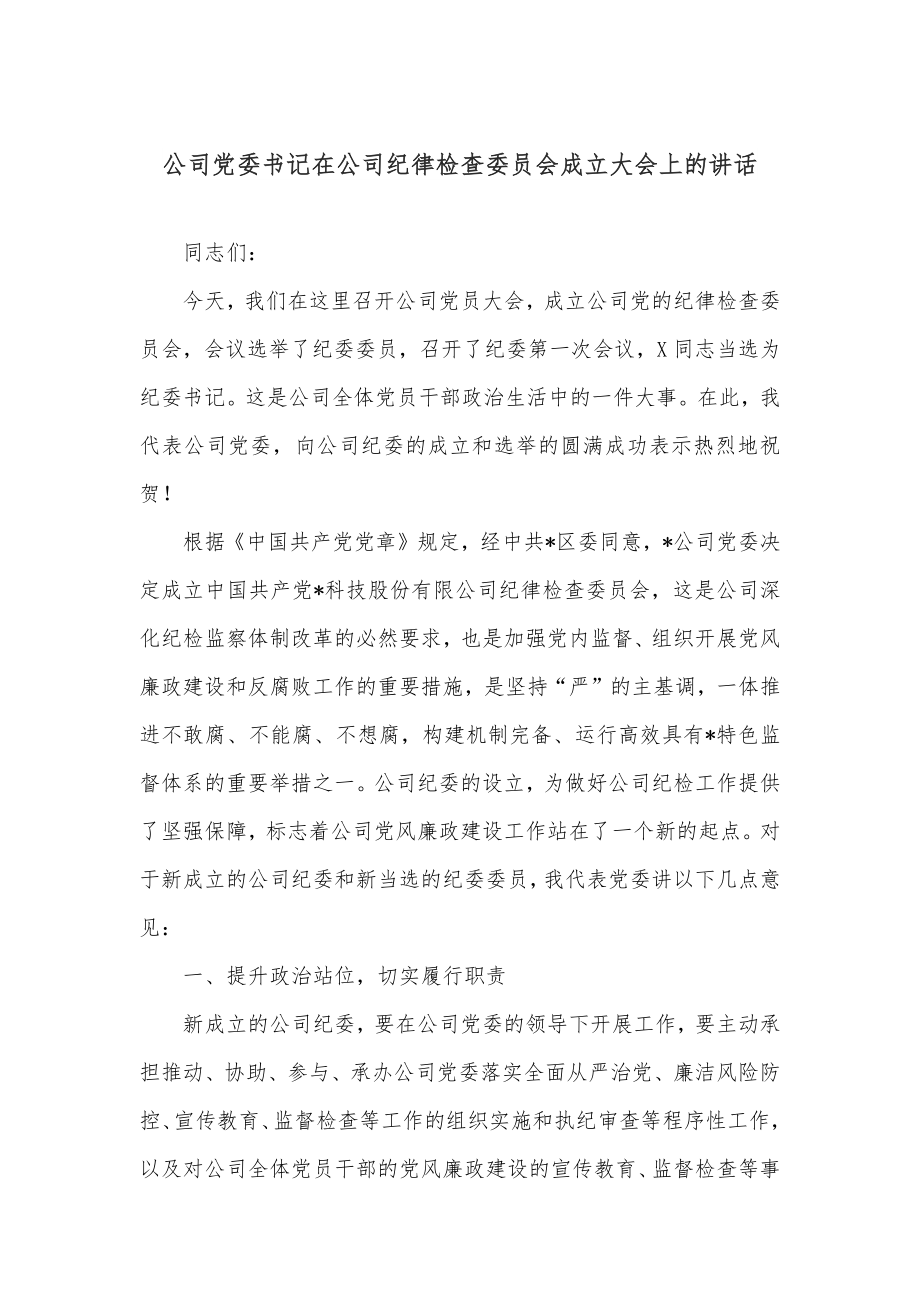 公司党委书记在公司纪律检查委员会成立大会上的讲话.docx_第1页