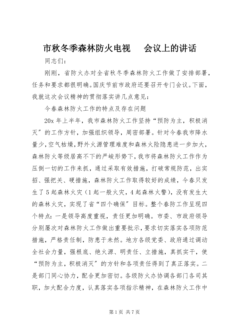 2023年市秋冬季森林防火电视电话会议上的致辞.docx_第1页