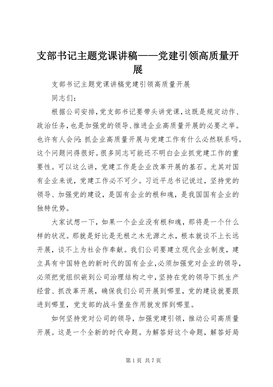 2023年支部书记主题党课讲稿党建引领高质量发展.docx_第1页