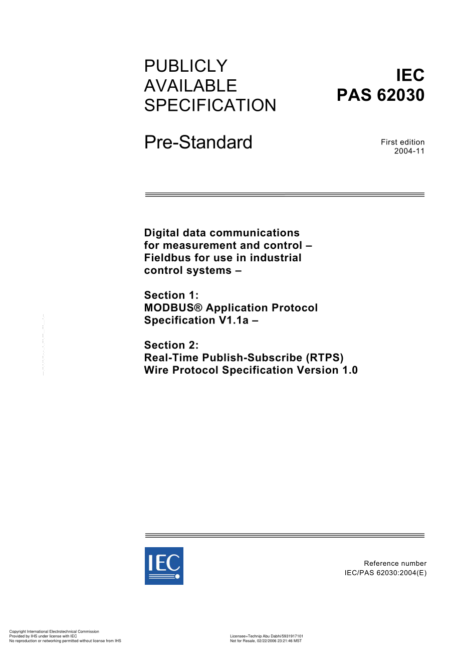 IEC_PAS_62030_Real-Time_Publish-Subscribe_RTPS_Wire_Protocol_Specif_dwlHJ1L.pdf_第1页