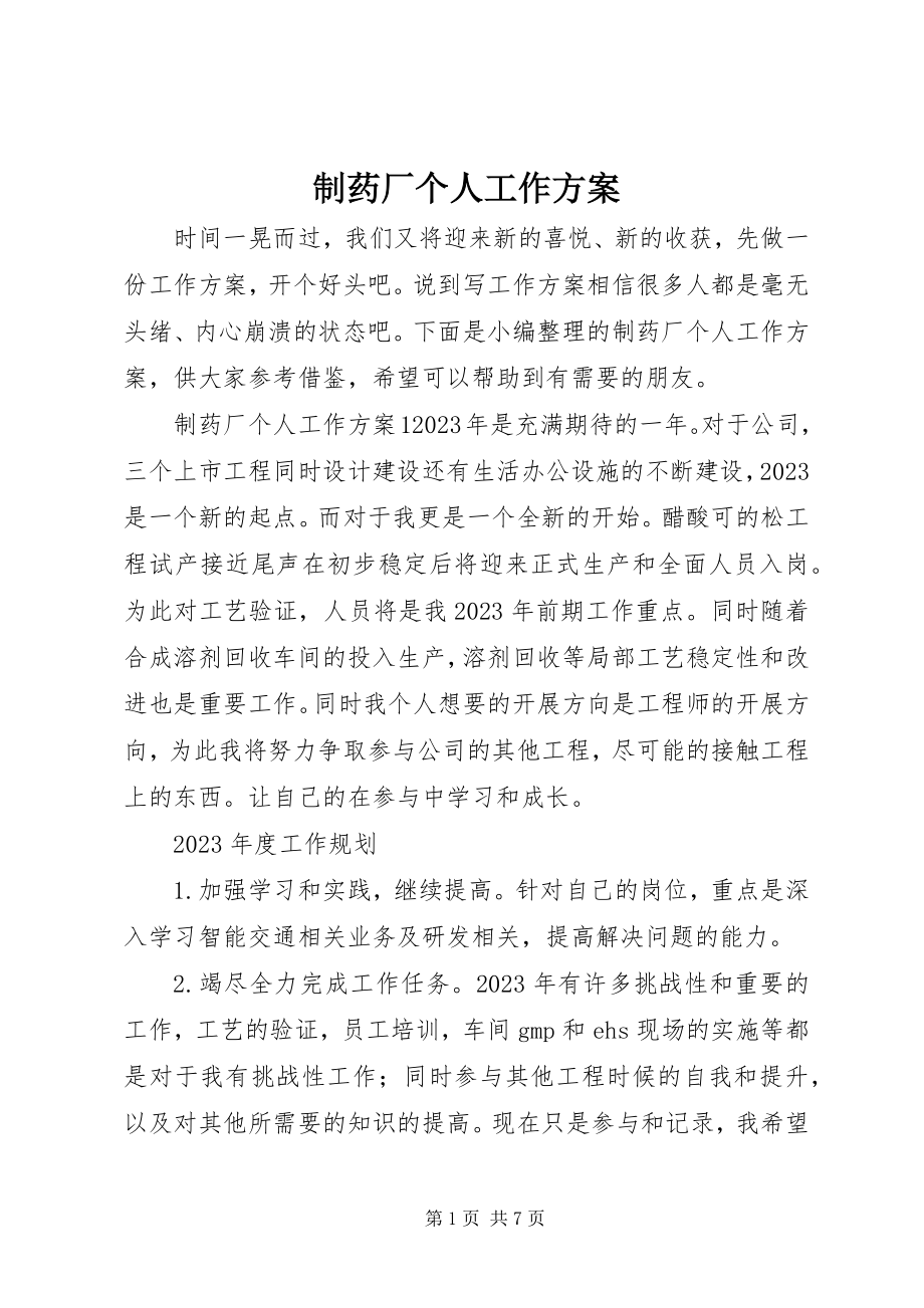 2023年制药厂个人工作计划.docx_第1页