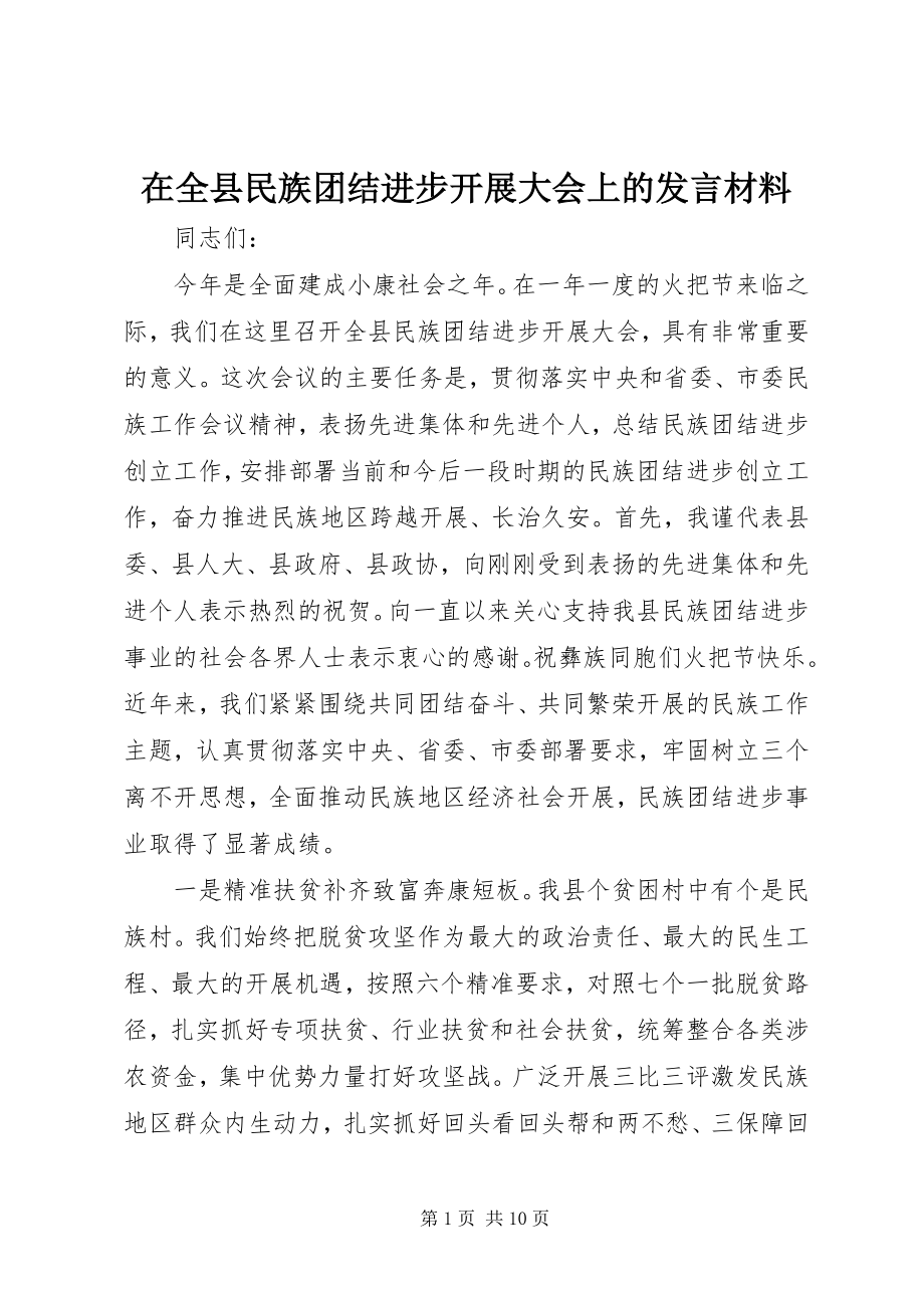 2023年在全县民族团结进步发展大会上的讲话材料.docx_第1页