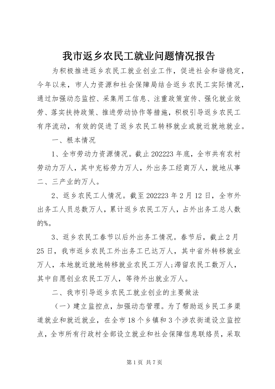 2023年我市返乡农民工就业问题情况报告.docx_第1页