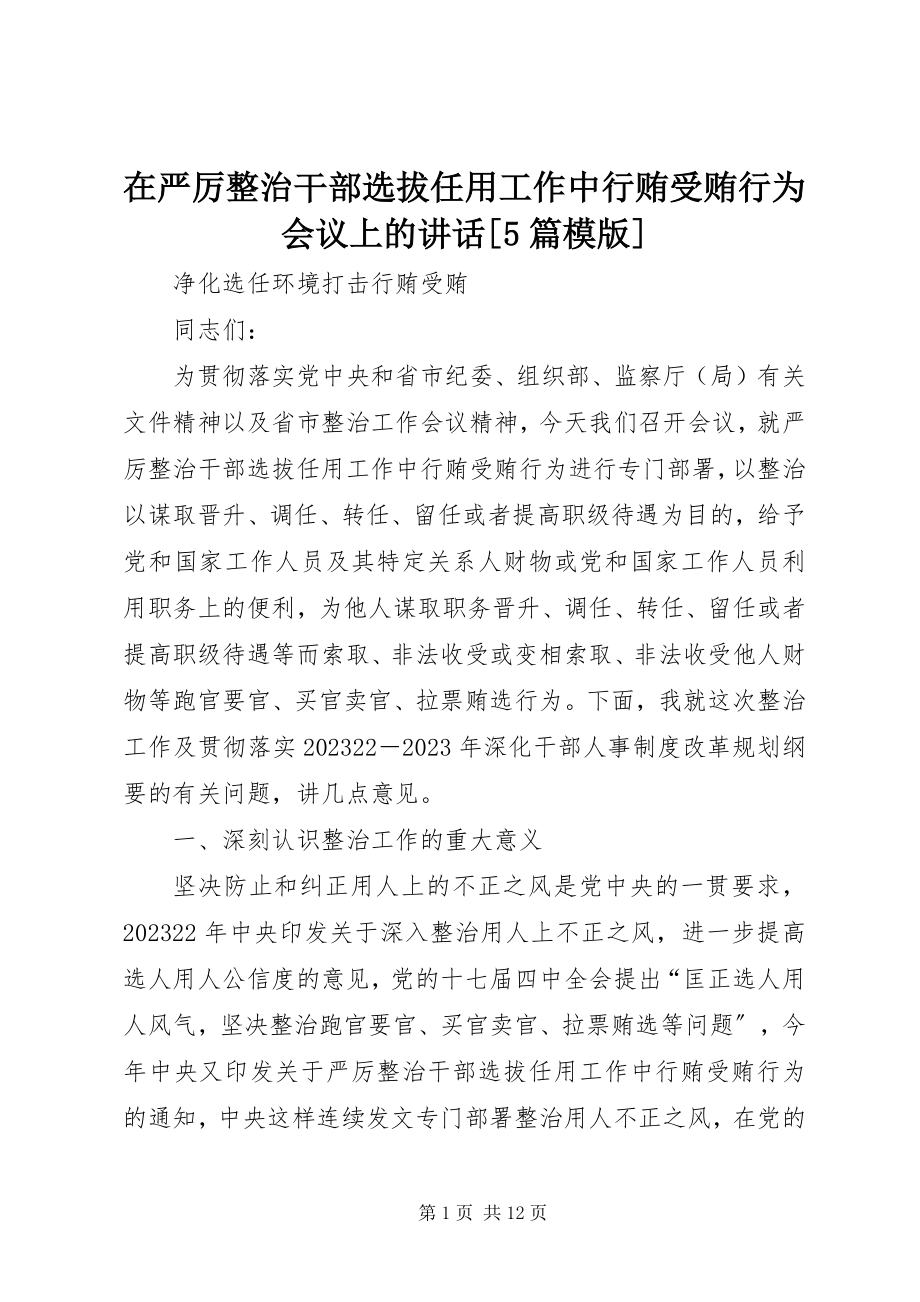 2023年在严厉整治干部选拔任用工作中行贿受贿行为会议上的致辞5篇模版.docx_第1页