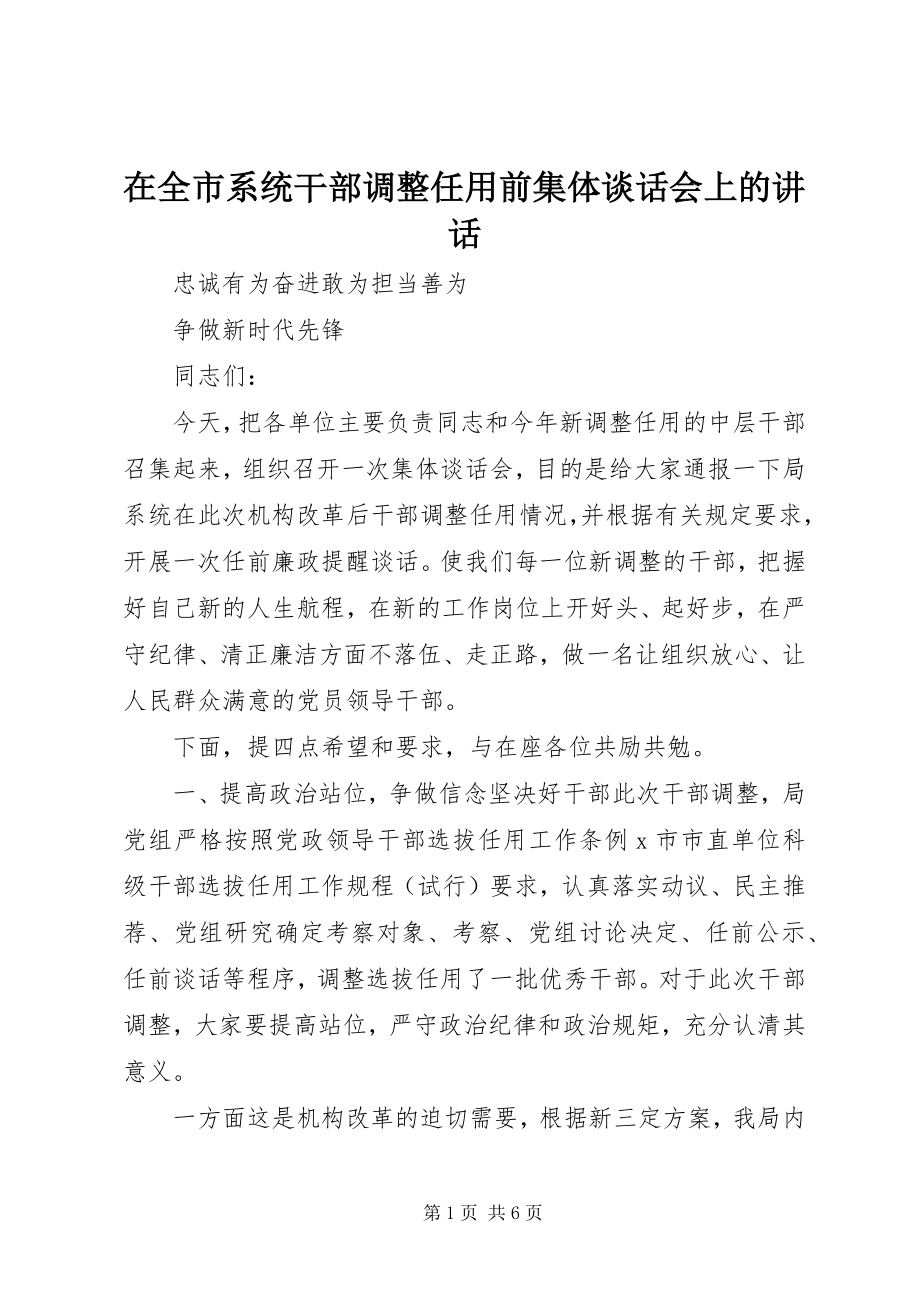 2023年在全市系统干部调整任用前集体谈话会上的致辞.docx_第1页