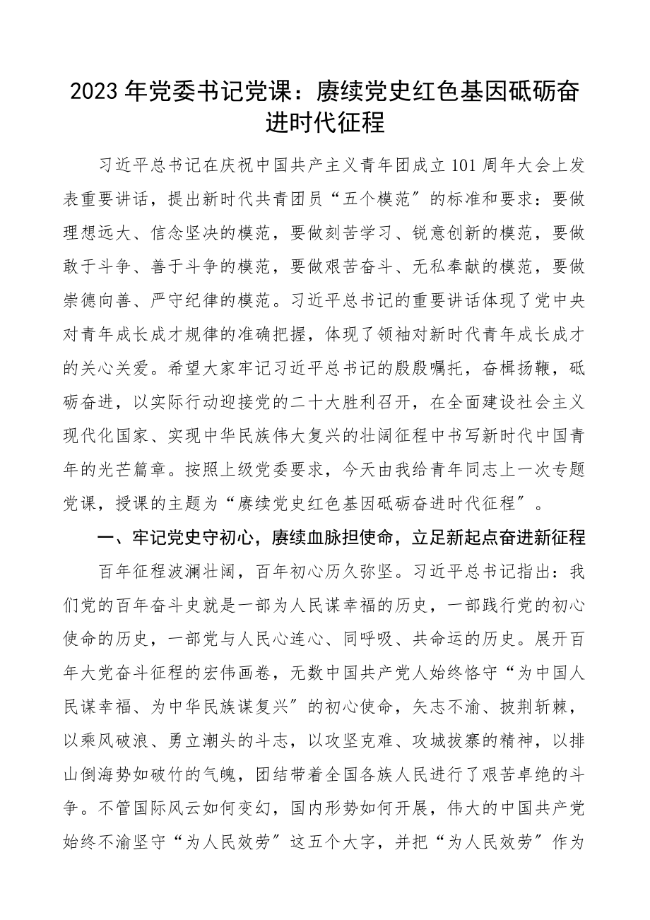 党课x红色基因砥砺奋进时代征程党委书记青年干部党课讲稿.docx_第1页