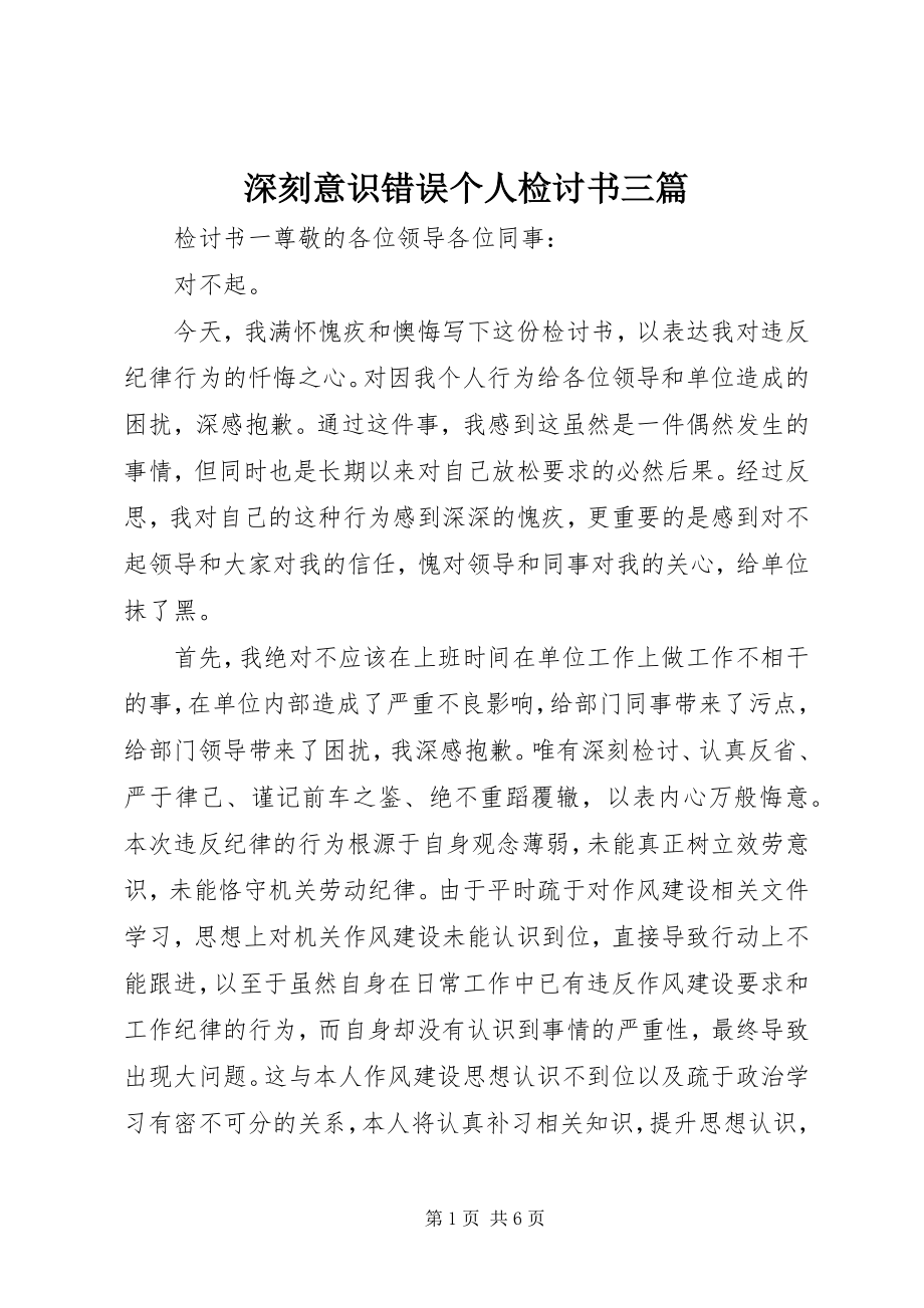 2023年深刻意识错误个人检讨书三篇.docx_第1页