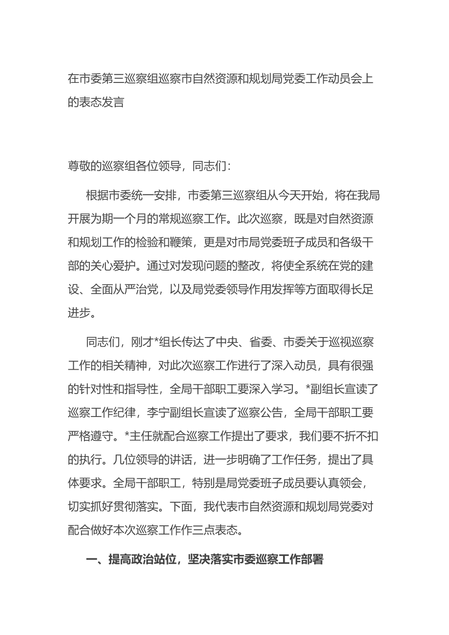 在市委第三巡察组巡察市自然资源和规划局党委工作动员会上的表态发言.docx_第1页