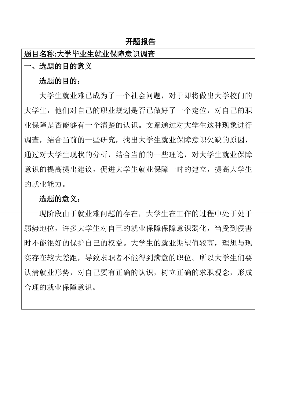 大学毕业生就业保障意识调查开题报告劳动与社会保障专业.doc_第1页