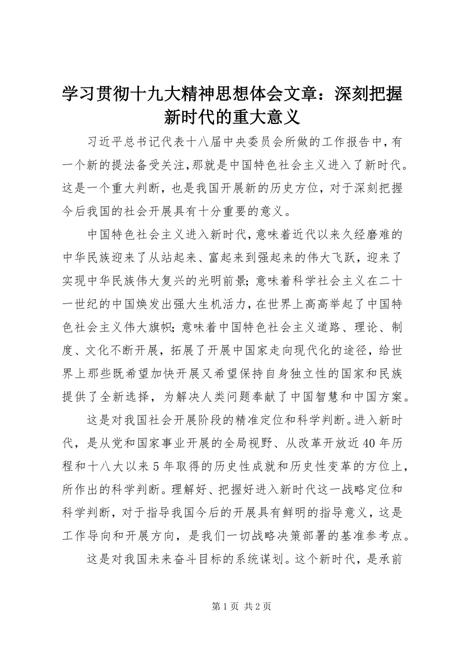 2023年学习贯彻十九大精神思想体会文章深刻把握新时代的重大意义.docx_第1页