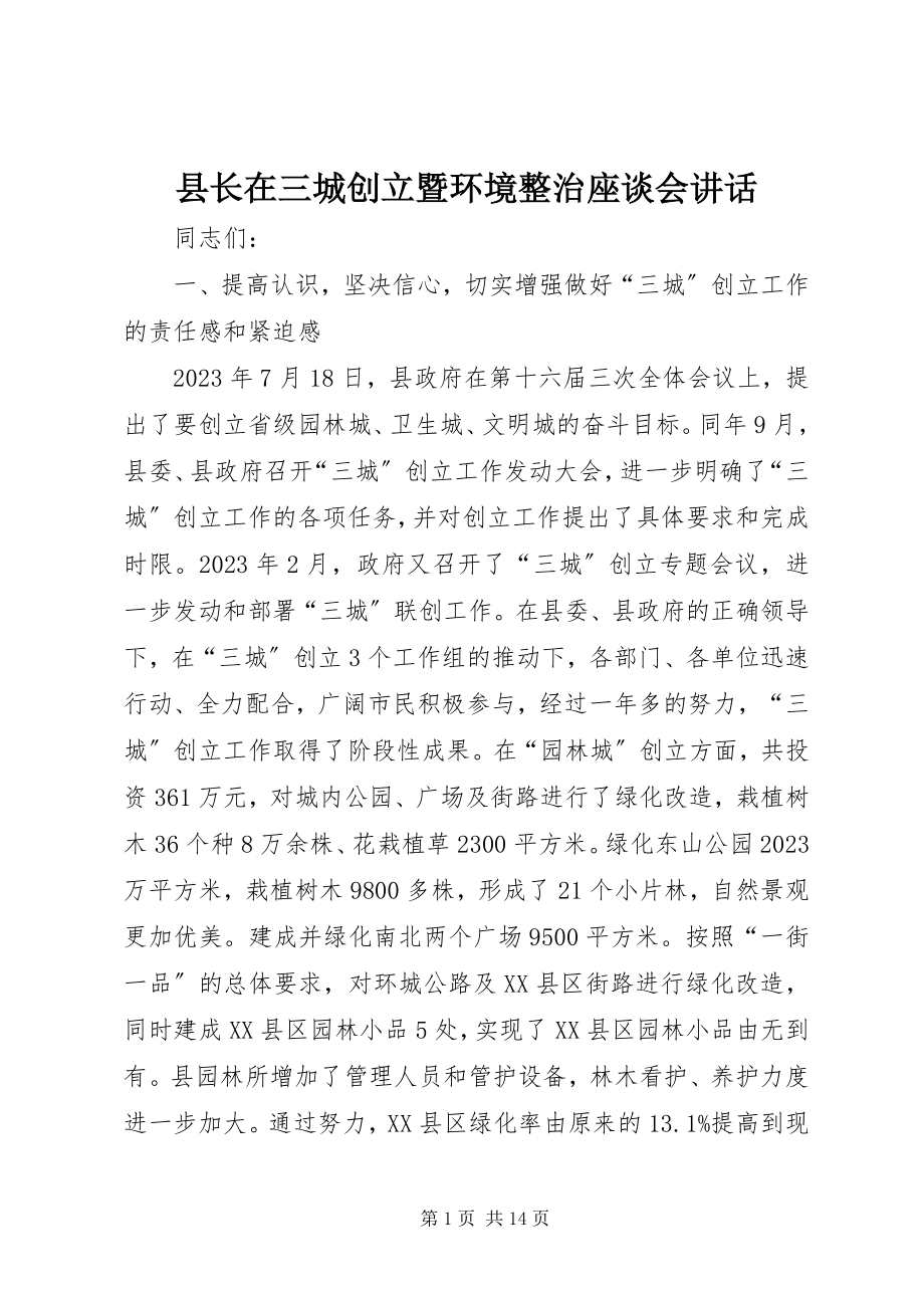 2023年县长在三城创建暨环境整治座谈会致辞.docx_第1页