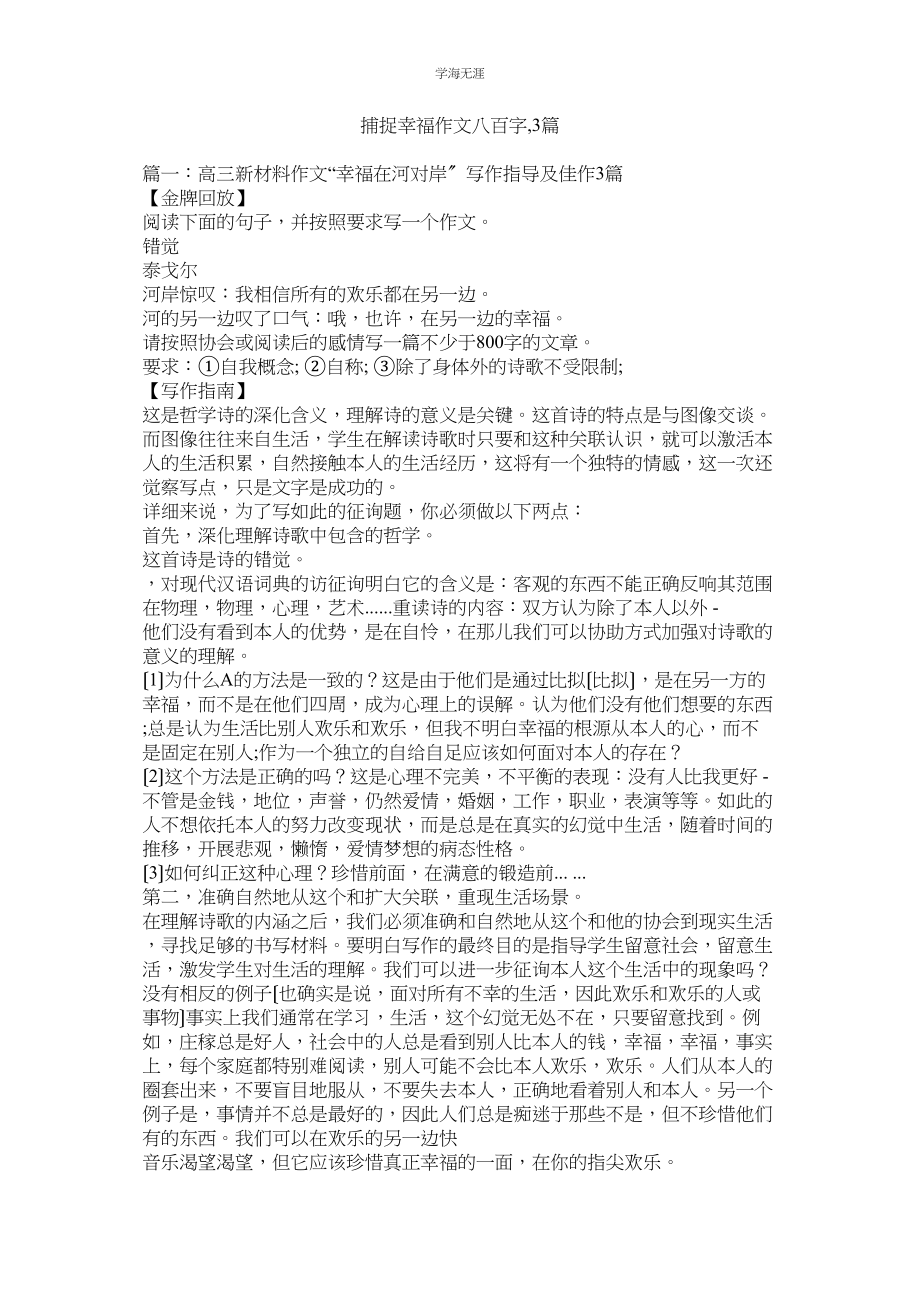 2023年捕捉幸福作文八百字3篇范文.docx_第1页