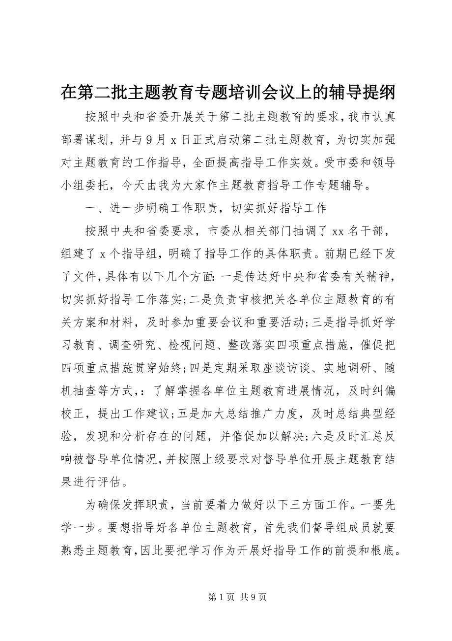 2023年在第二批主题教育专题培训会议上的辅导提纲.docx_第1页