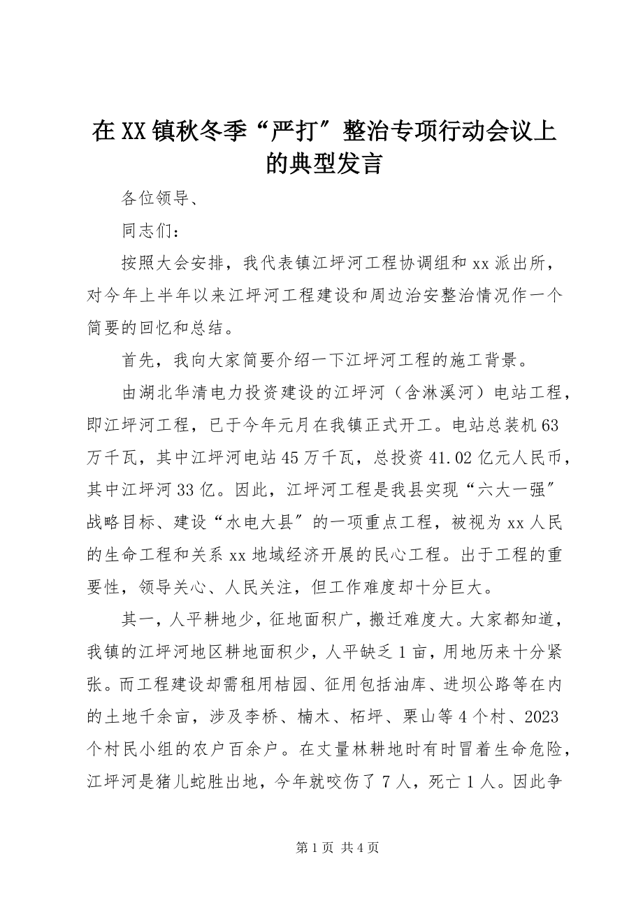 2023年在XX镇秋冬季“严打”整治专项行动会议上的典型讲话.docx_第1页