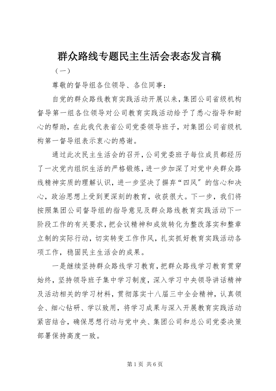 2023年群众路线专题民主生活会表态讲话稿.docx_第1页