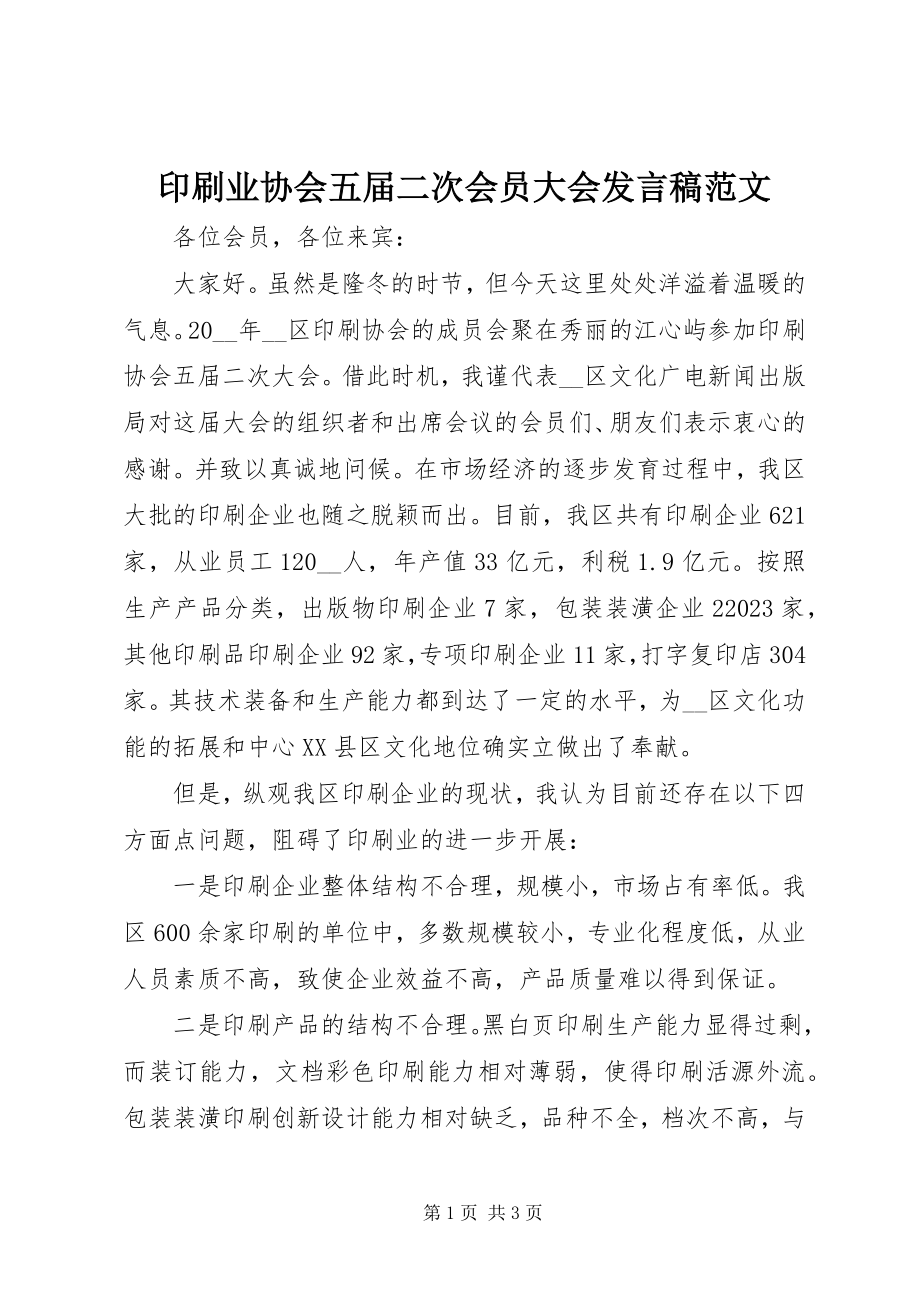 2023年印刷业协会五届二次会员大会讲话稿.docx_第1页