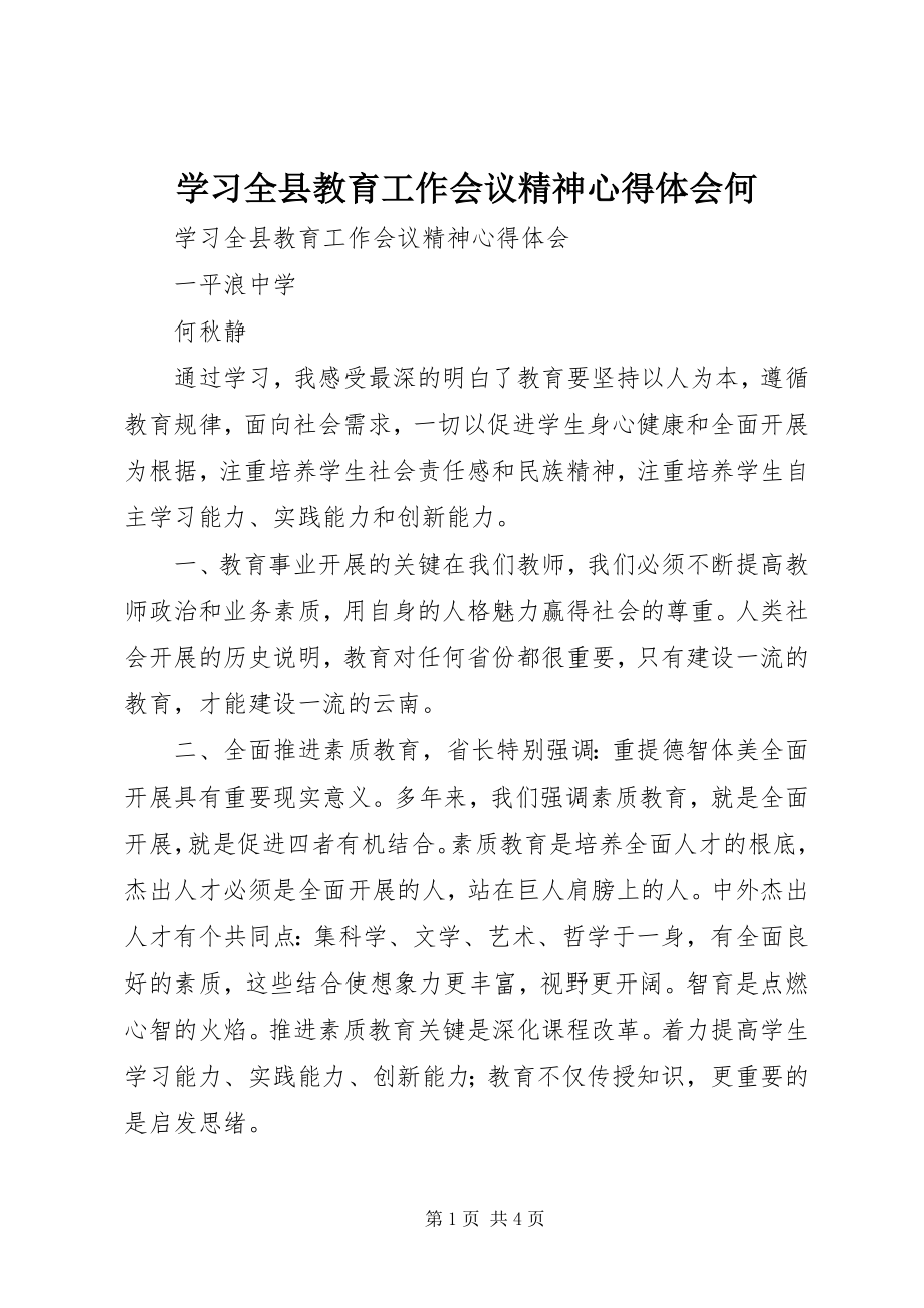 2023年学习全县教育工作会议精神心得体会何.docx_第1页