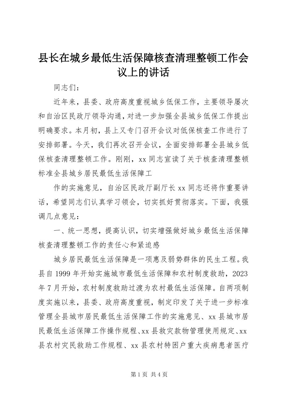 2023年县长在城乡最低生活保障核查清理整顿工作会议上的致辞.docx_第1页