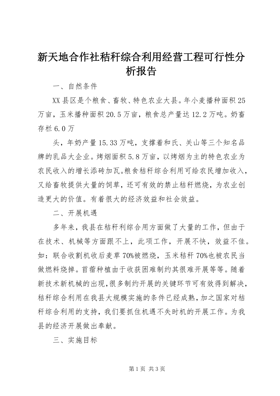 2023年新天地合作社秸秆综合利用经营项目可行性分析报告.docx_第1页