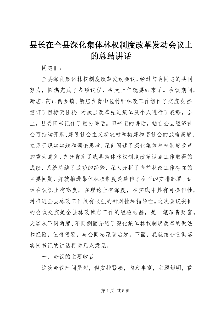 2023年县长在全县深化集体林权制度改革动员会议上的总结致辞.docx_第1页