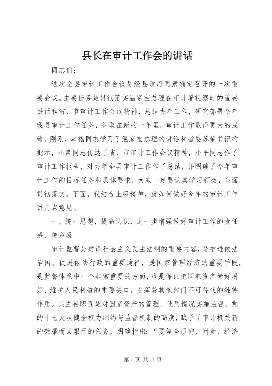 2023年县长在审计工作会的致辞.docx_第1页