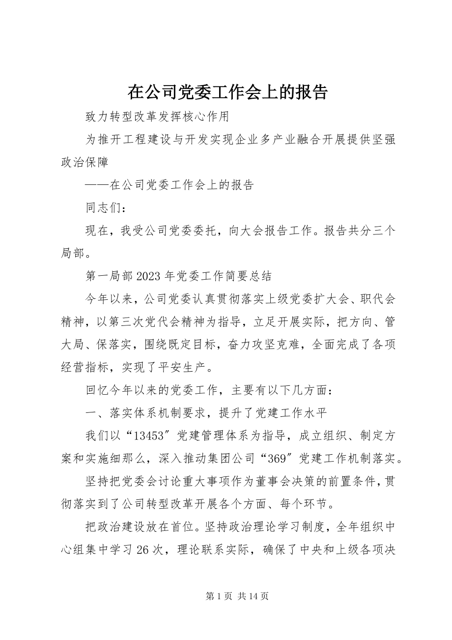 2023年在公司党委工作会上的报告.docx_第1页