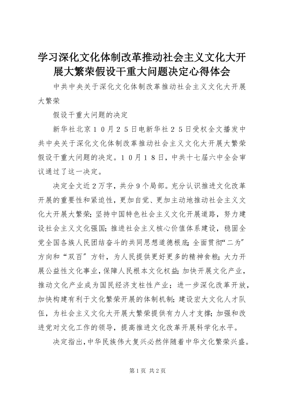 2023年学习《深化文化体制改革推动社会主义文化大发展大繁荣若干重大问题决定》心得体会.docx_第1页