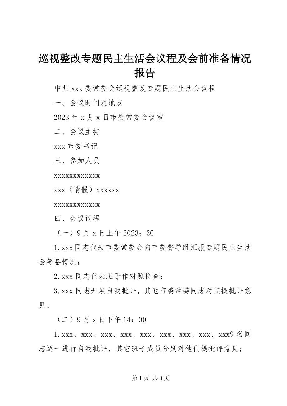 2023年巡视整改专题民主生活会议程及会前准备情况报告.docx_第1页