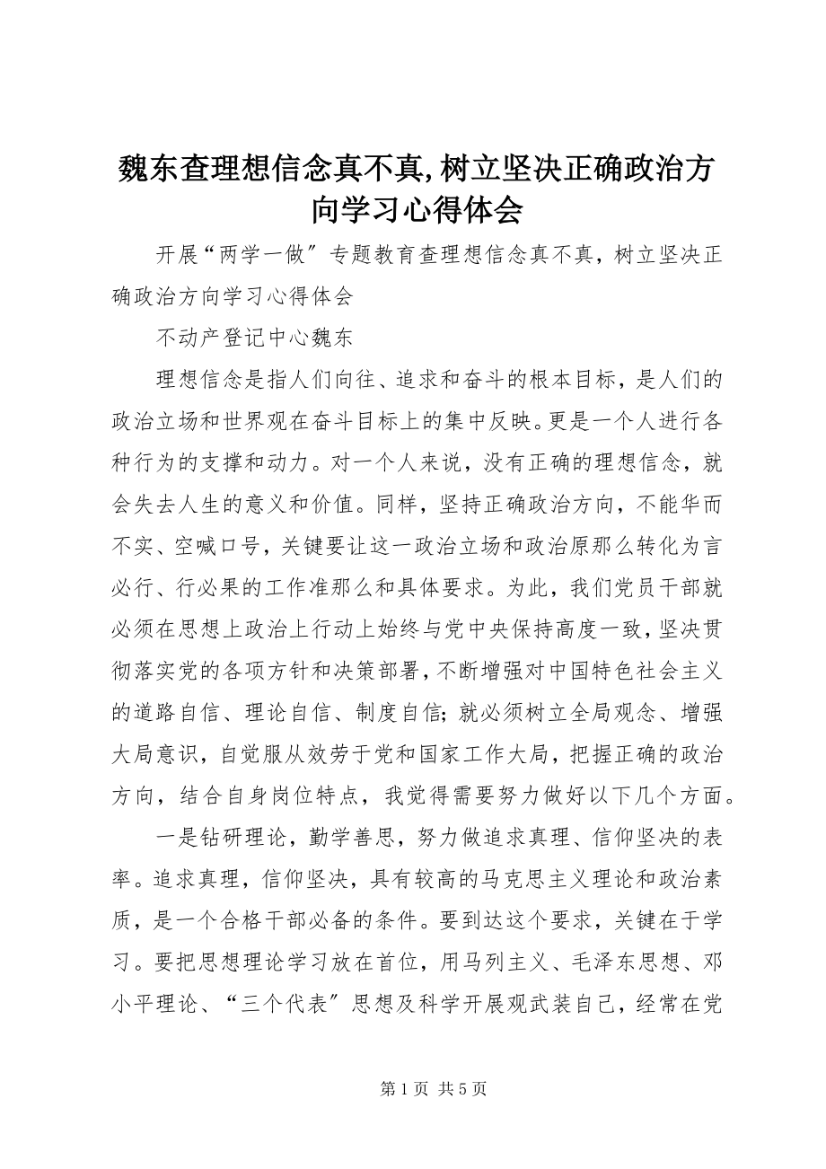 2023年魏东查理想信念真不真树立坚定正确政治方向学习心得体会.docx_第1页