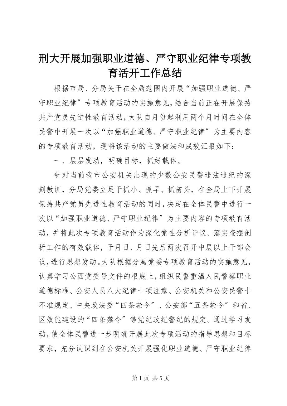 2023年刑大开展加强职业道德严守职业纪律专项教育活动工作总结.docx_第1页