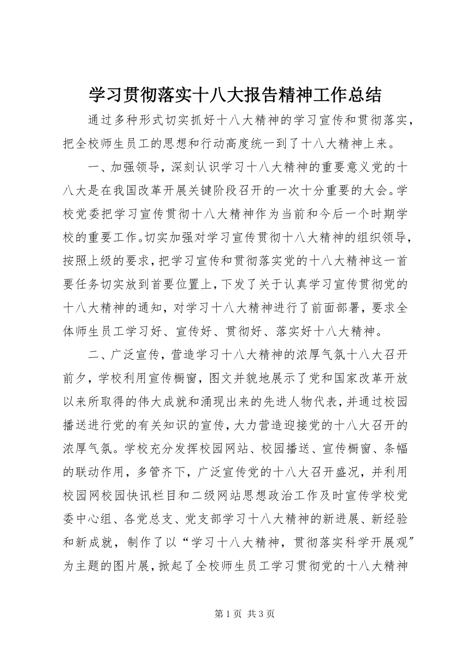 2023年学习贯彻落实十八大报告精神工作总结.docx_第1页