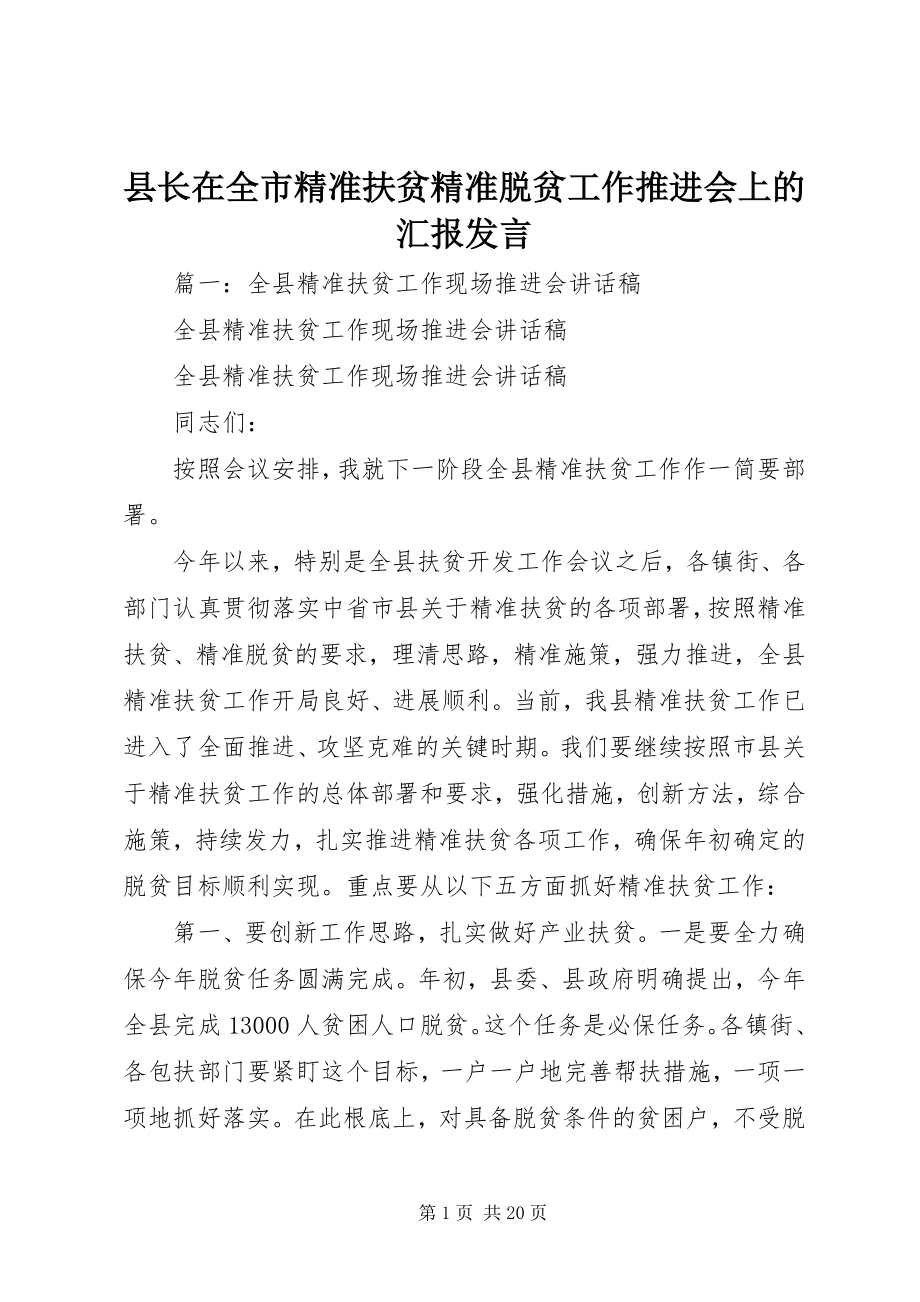 2023年县长在全市精准扶贫精准脱贫工作推进会上的汇报讲话.docx_第1页