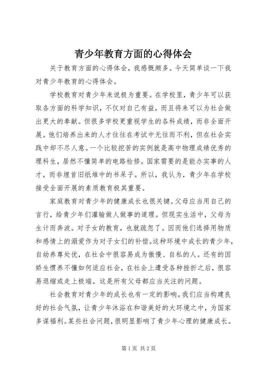 2023年青少年教育方面的心得体会.docx_第1页