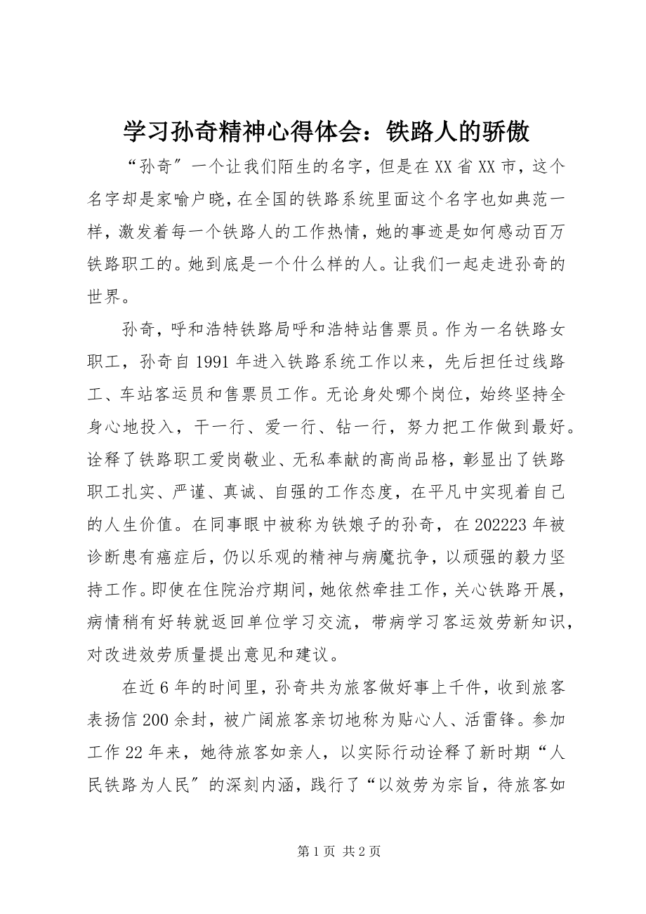 2023年学习孙奇精神心得体会铁路人的骄傲.docx_第1页