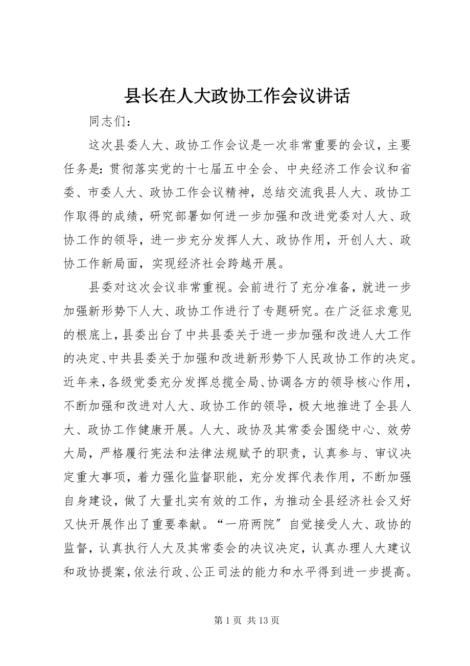 2023年县长在人大政协工作会议致辞.docx_第1页