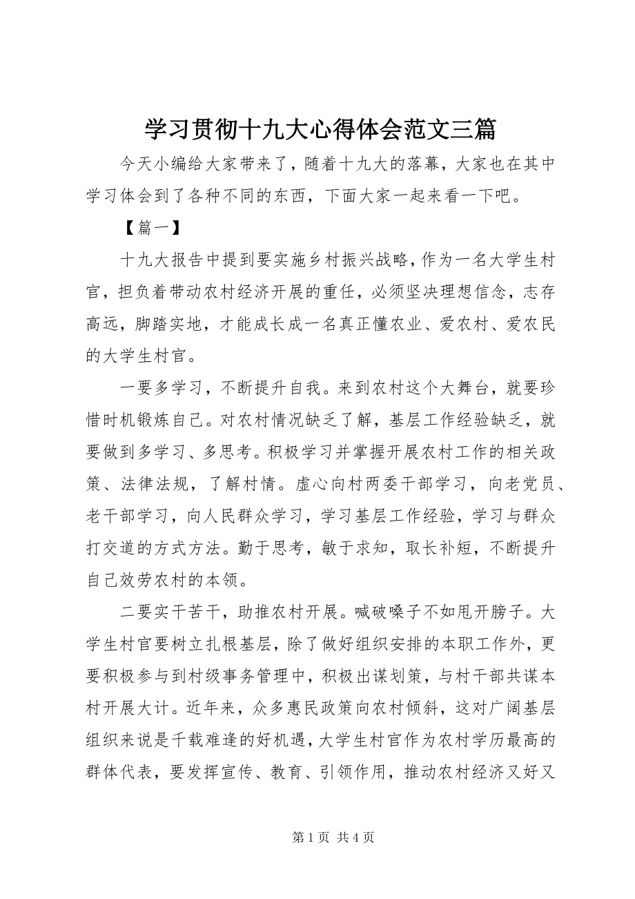 2023年学习贯彻十九大心得体会三篇.docx_第1页