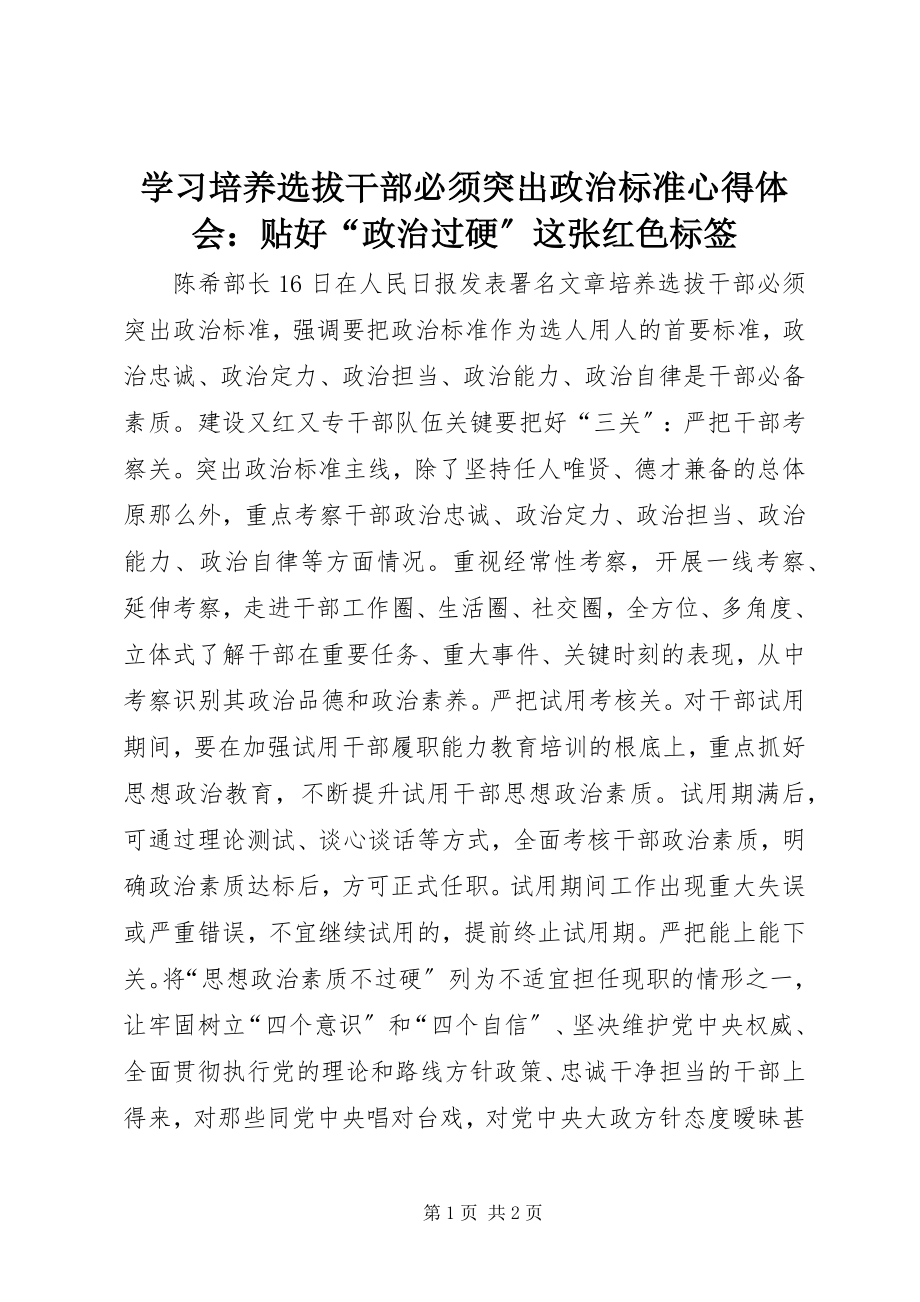 2023年学习《培养选拔干部必须突出政治标准》心得体会贴好“政治过硬”这张红色标签.docx_第1页