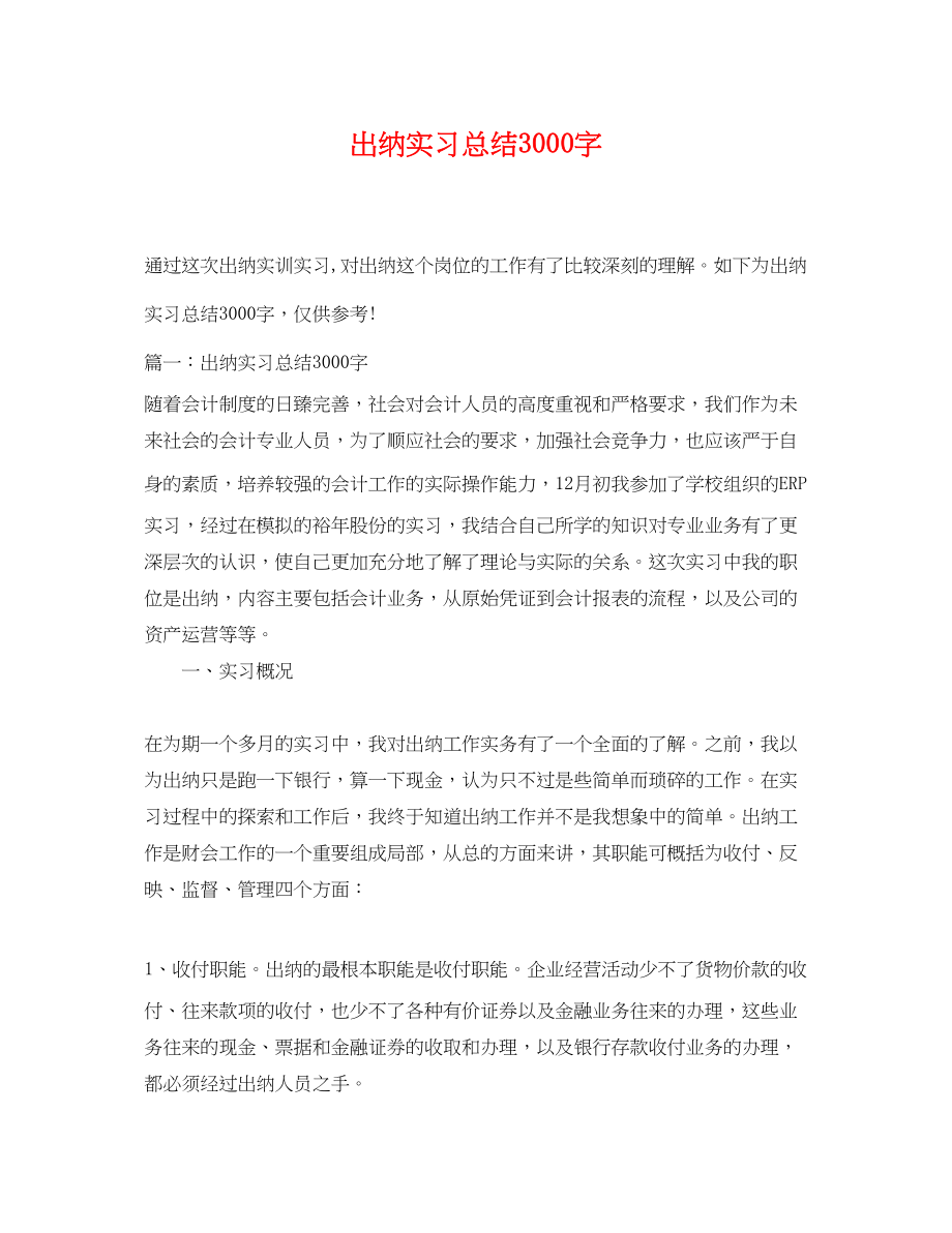 2023年出纳实习总结3000字范文.docx_第1页