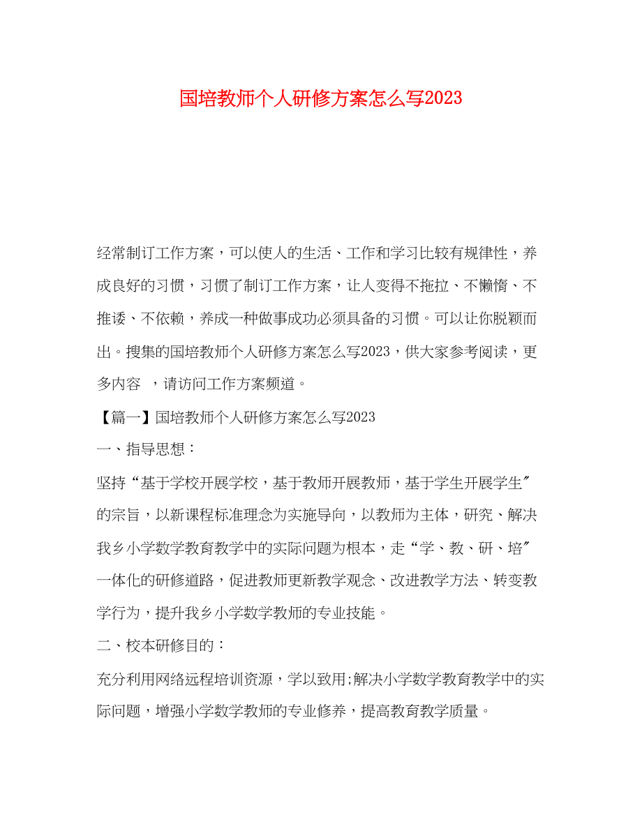 2023年国培教师个人研修计划怎么写范文.docx_第1页